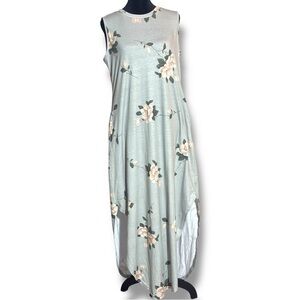 Anrabess Mint Green Floral Sleevelss Crewneck Asymmetrical Floral Maxi Dress